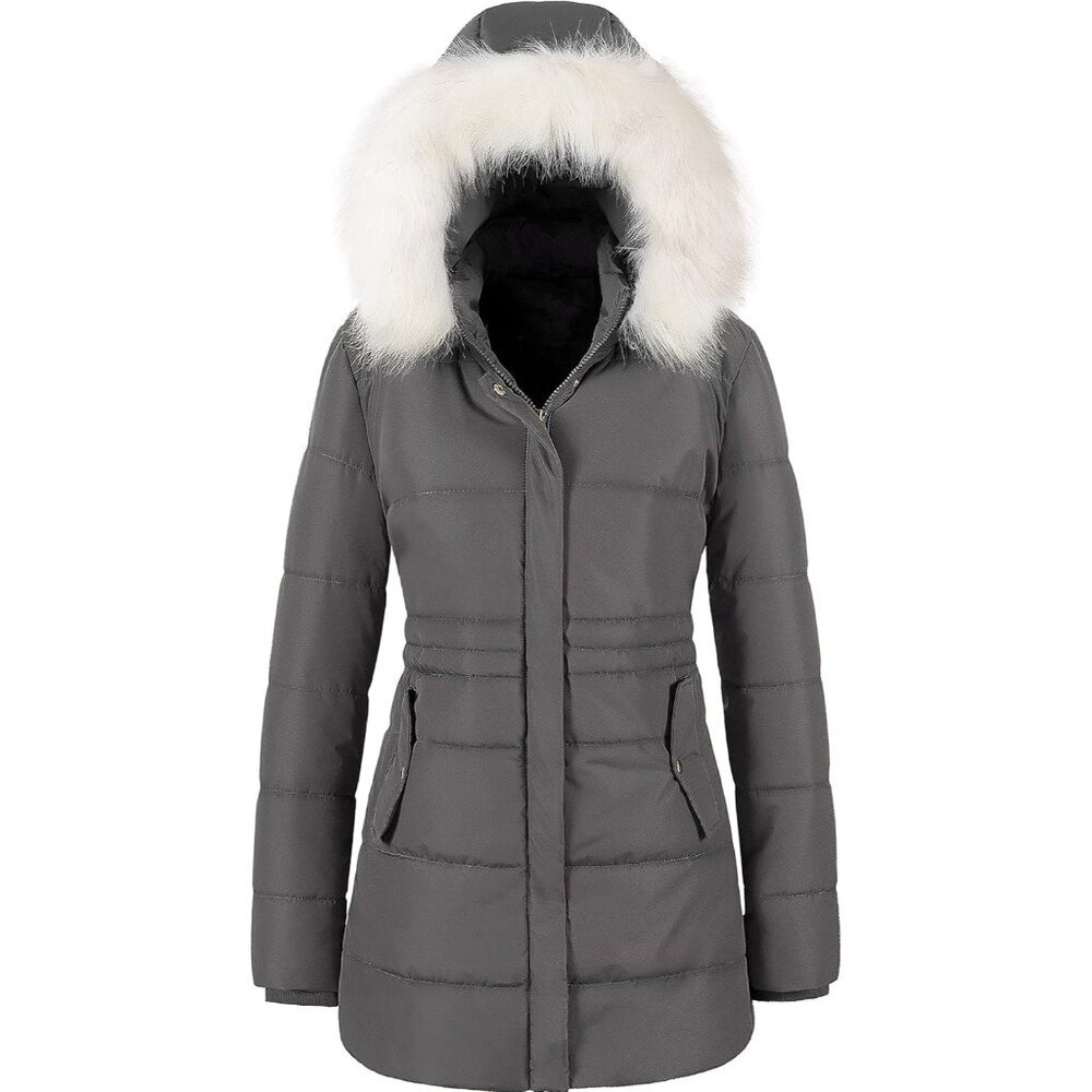 Women's Dark Grey Winter Warm Long Drawstring Waterproof Snow Puffer Jacket